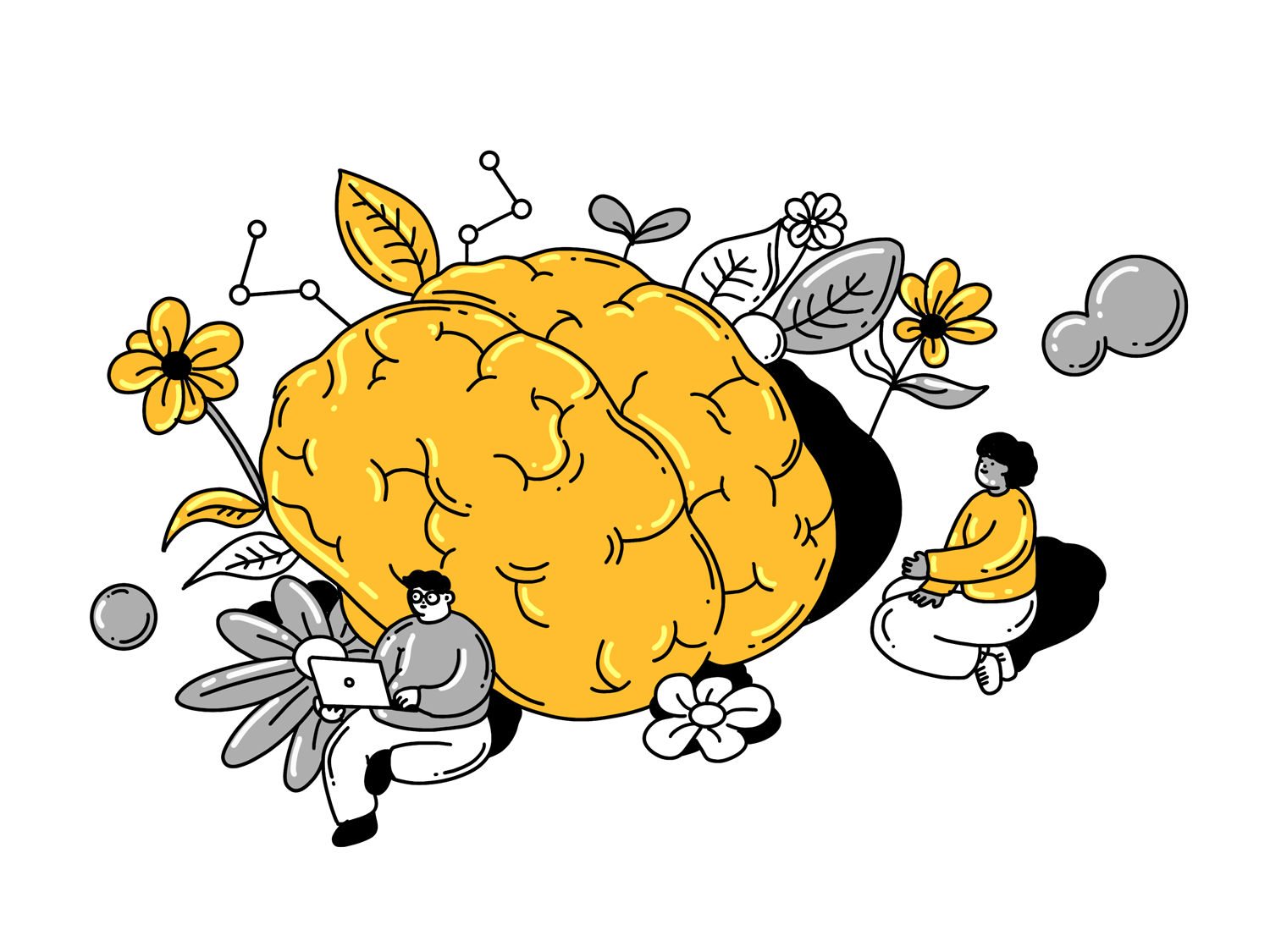An illustration of a brain with flowers growing around it