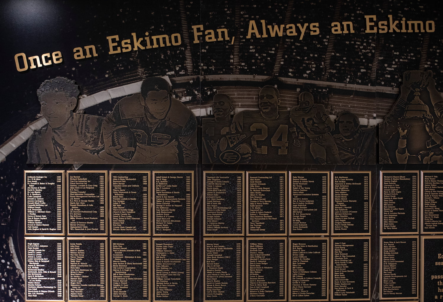 An old plaque about Edmonton Elks players at Commonwealth Stadium.