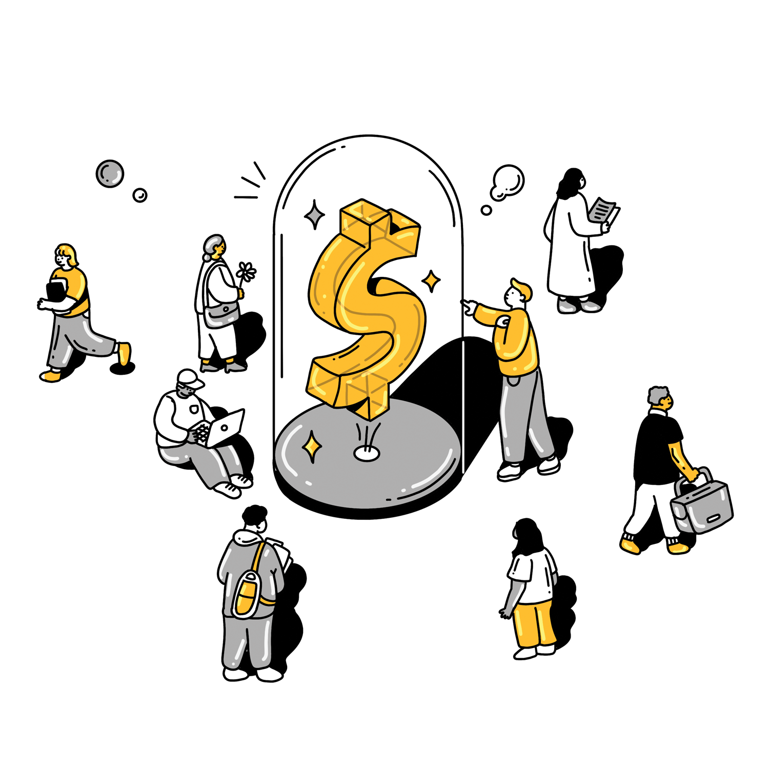 An illustration of a money symbol inside a bell jar