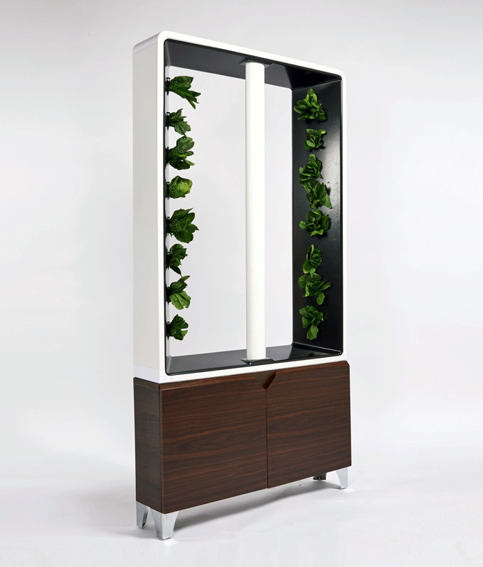A vertical indoor garden system with plants growing inside 