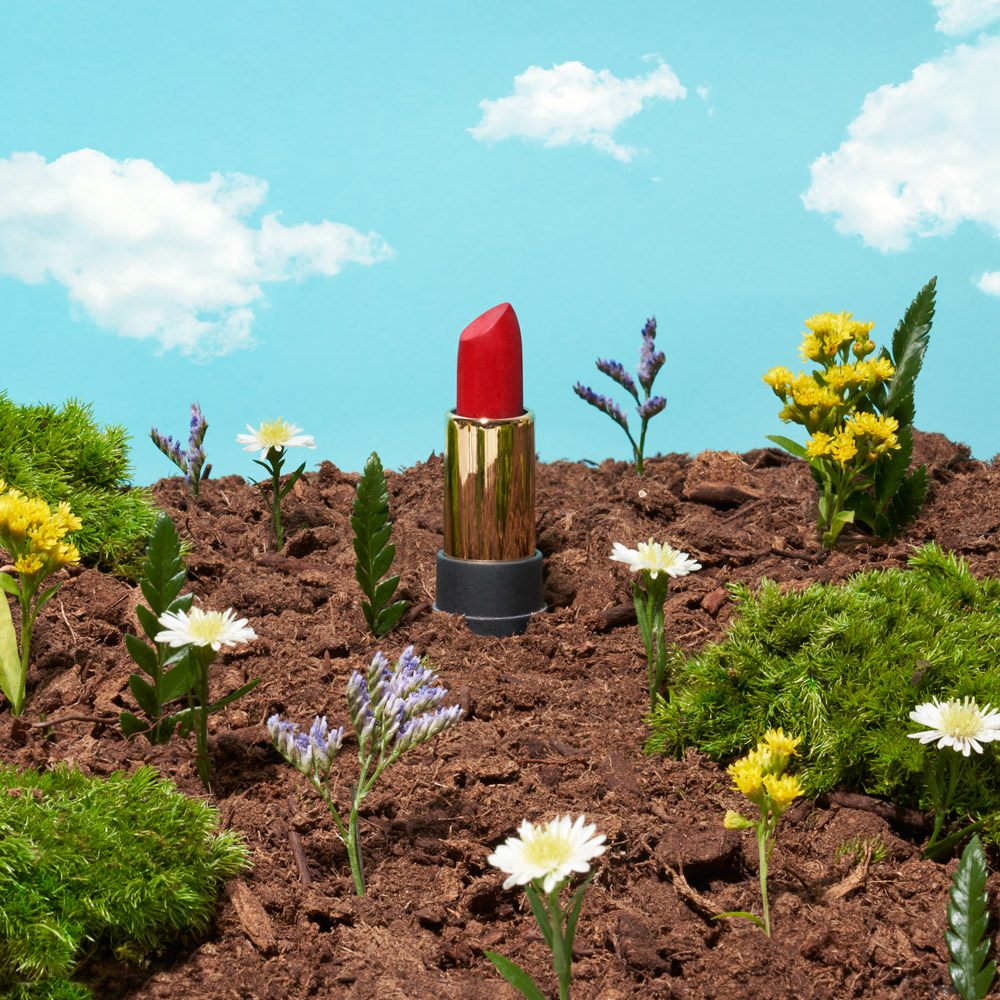 A photo of a lipstick growing in a garden amongst flowers