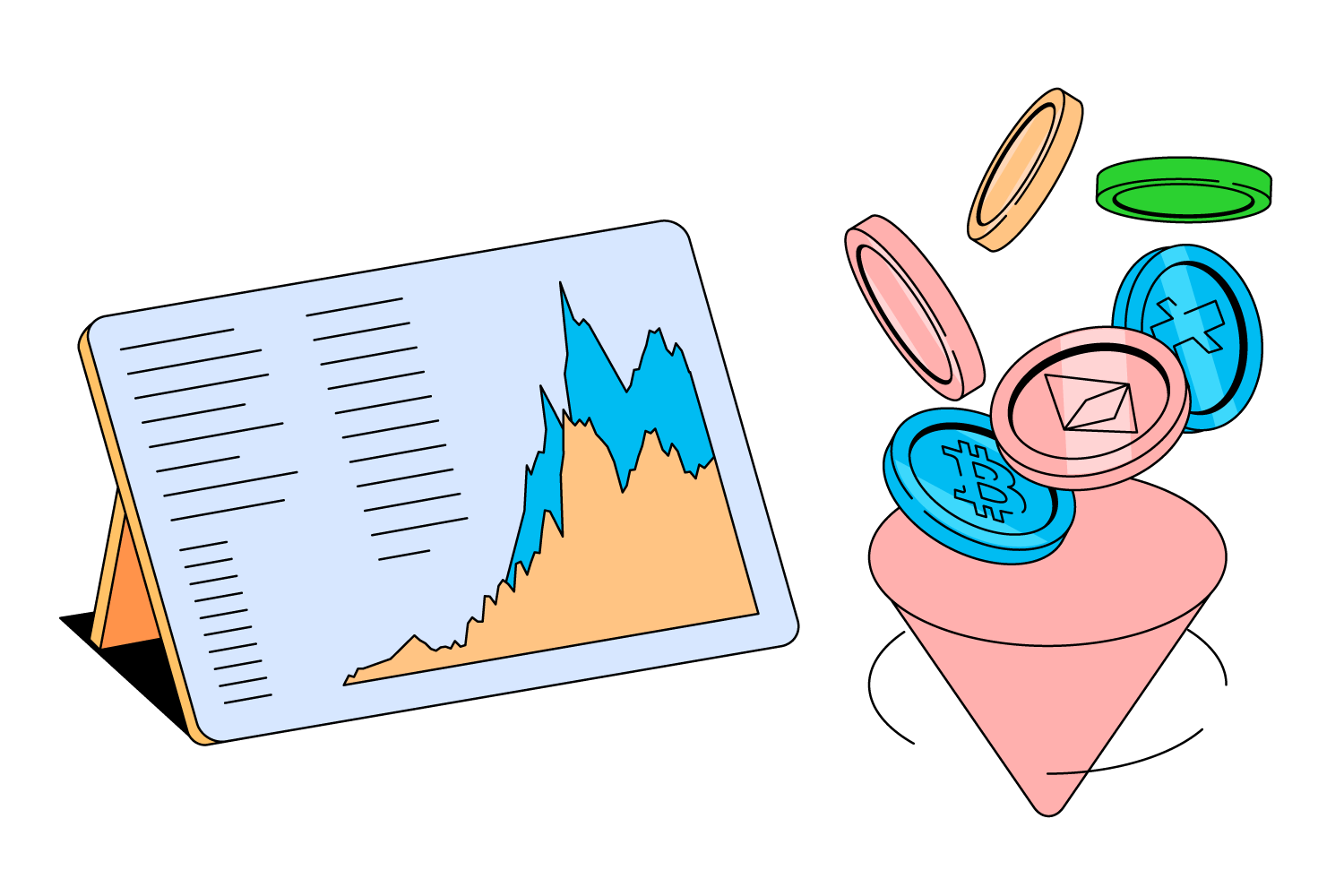 An illustration of a chart and a spinning cup of coins