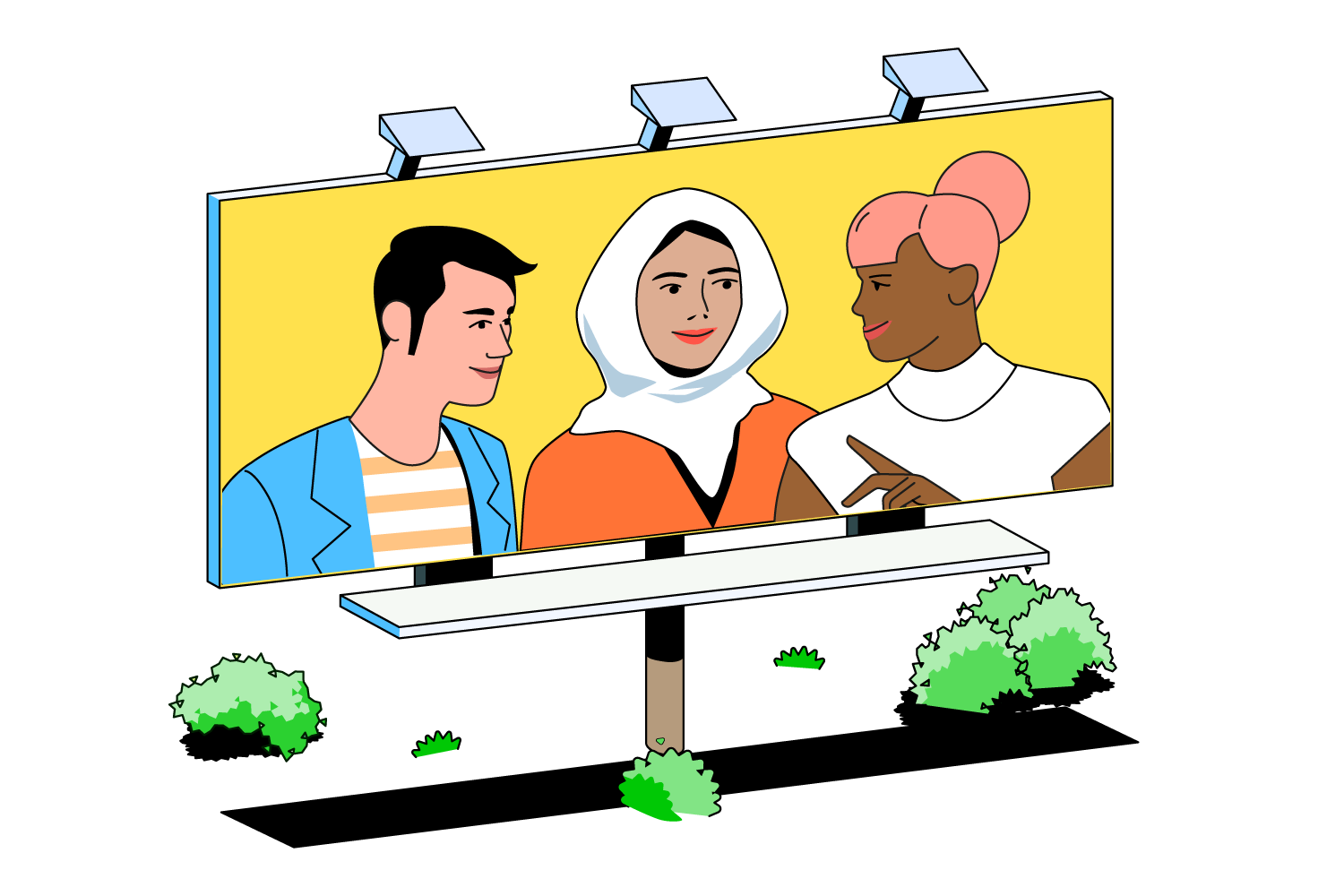 An illustration of a billboard poster featuring three people