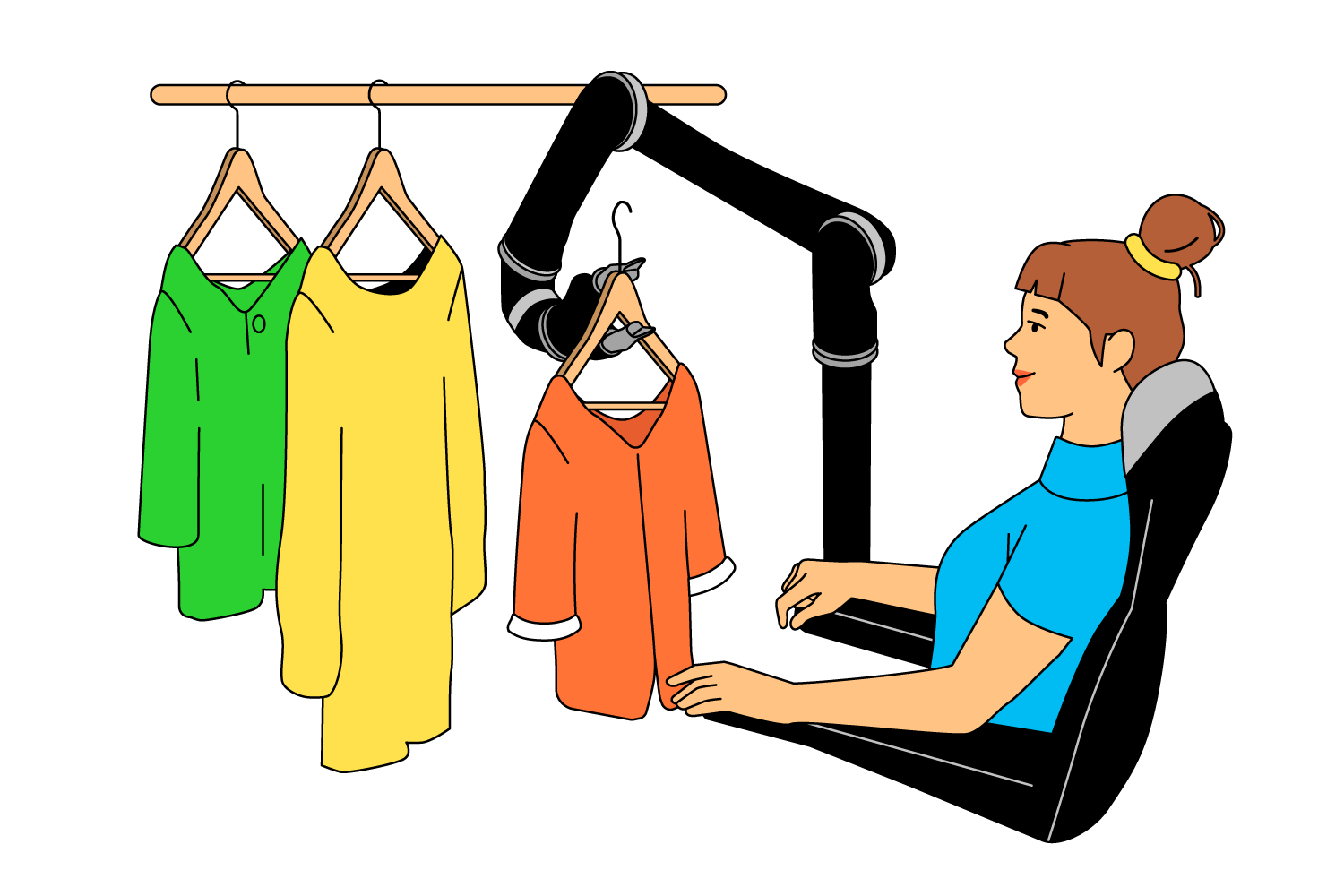 An illustration of a woman using a robotic arm to move T-shirts