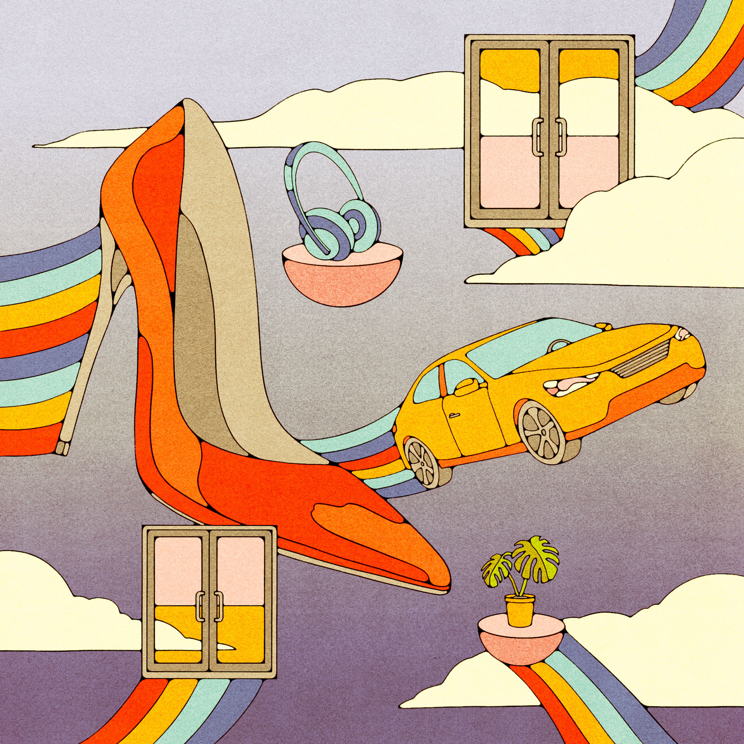 An illustration of a shoe, a car and rainbows