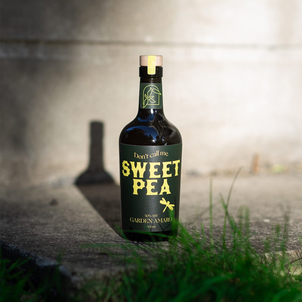 A photo of a bottle of Sweet Pea liquor 