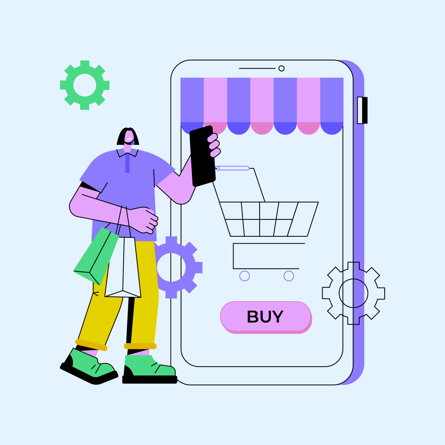 An illustration of a person online shopping using a buy-now-pay-later app