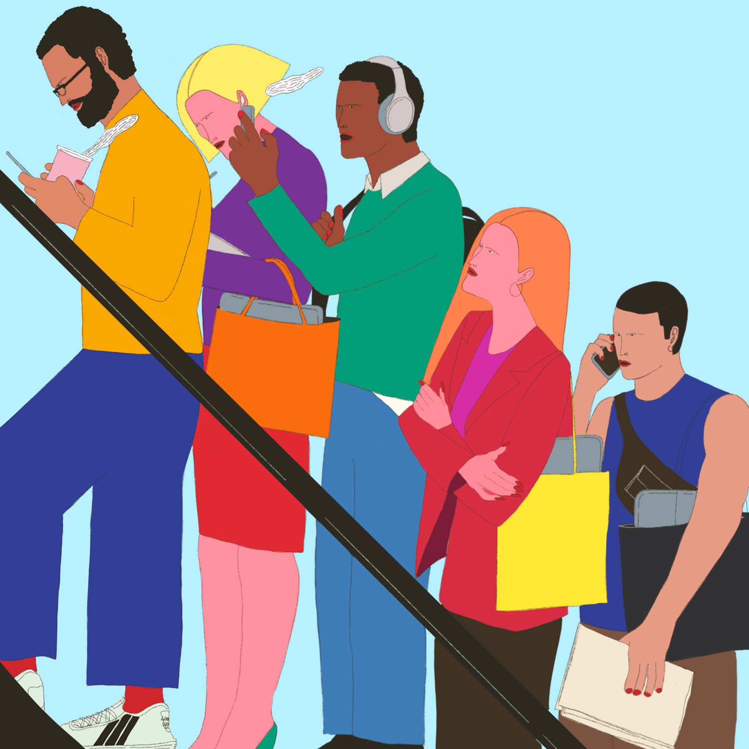 An illustration of people on an escalator going up