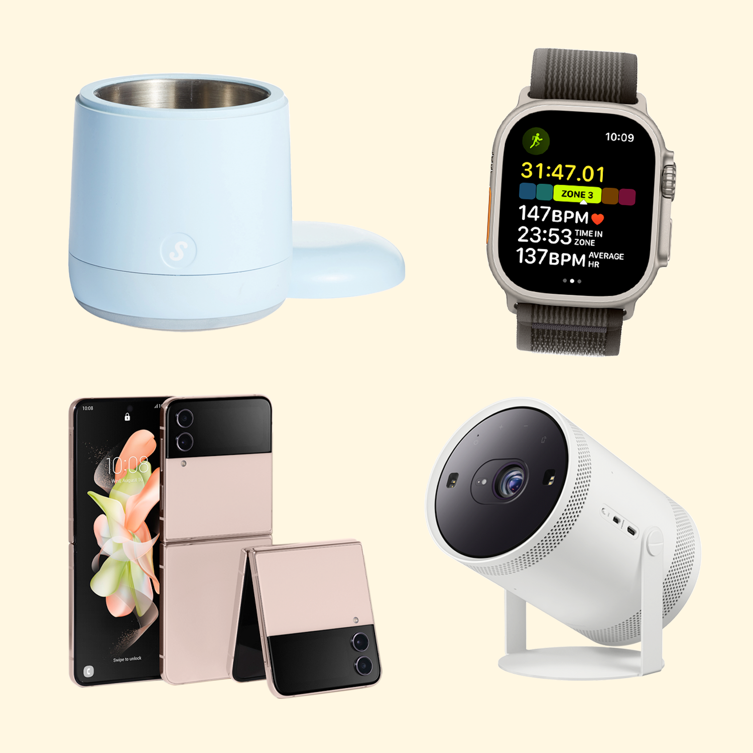 a collection of tech gifts for holiday 2022 on a yellow background