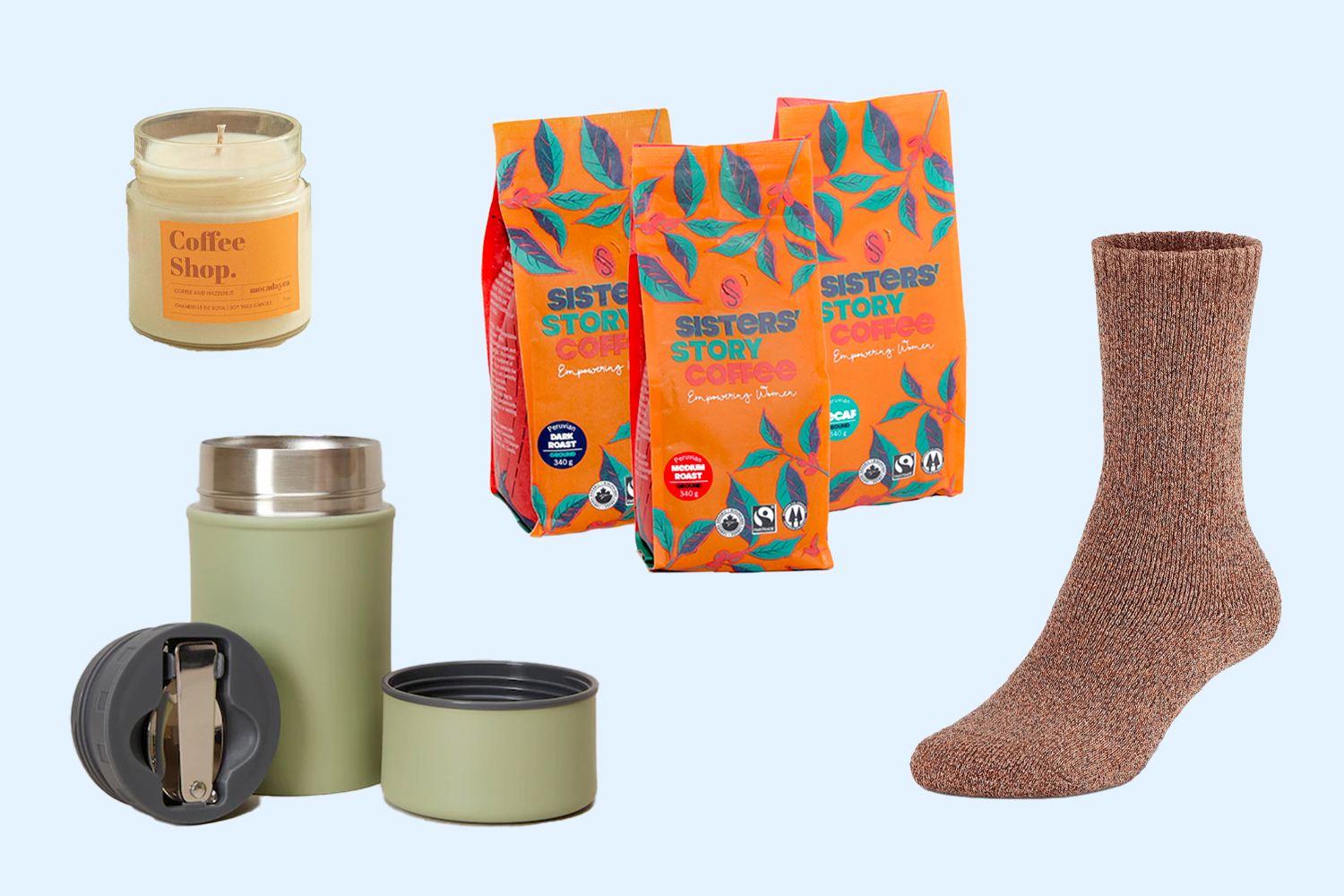 A collage of gifts to give to your co-worker, including socks, coffee a thermos or candle