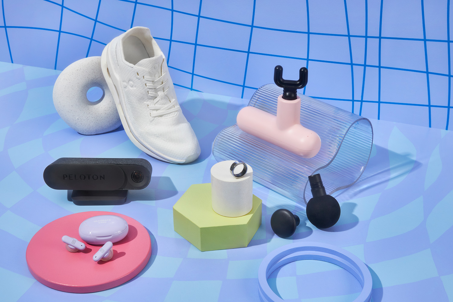 Fitness gear laid out on a blue background