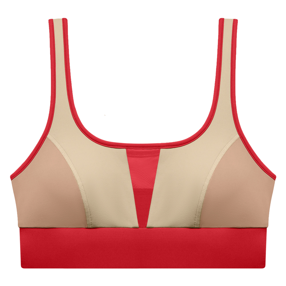 A red and nude mixi sports bra