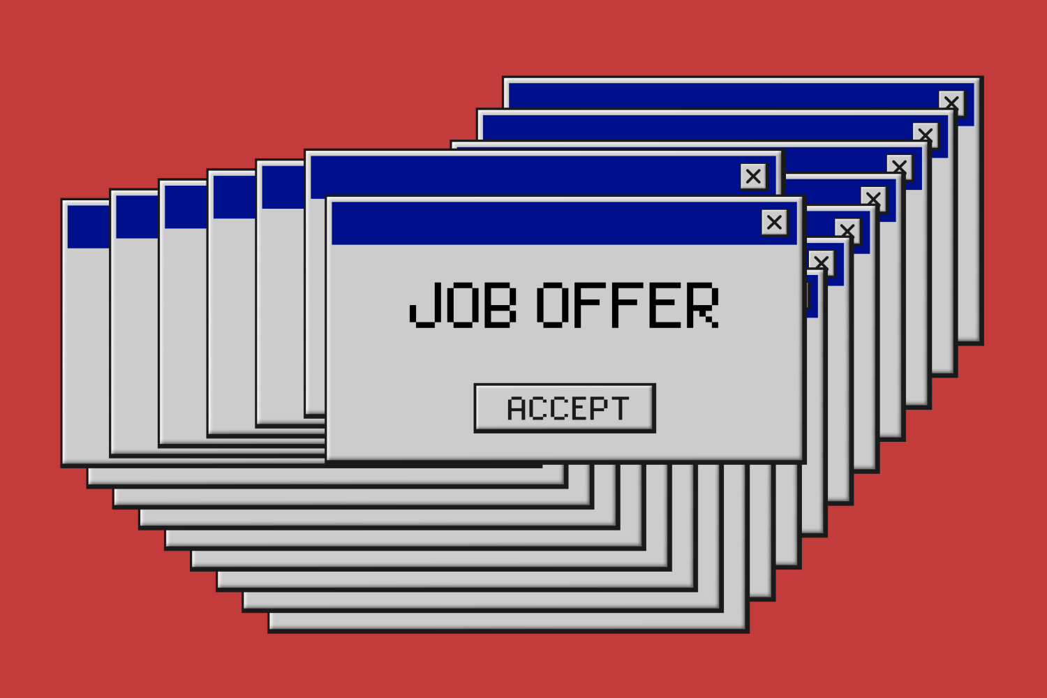 An image of the text "job offer" on the screen of a computer