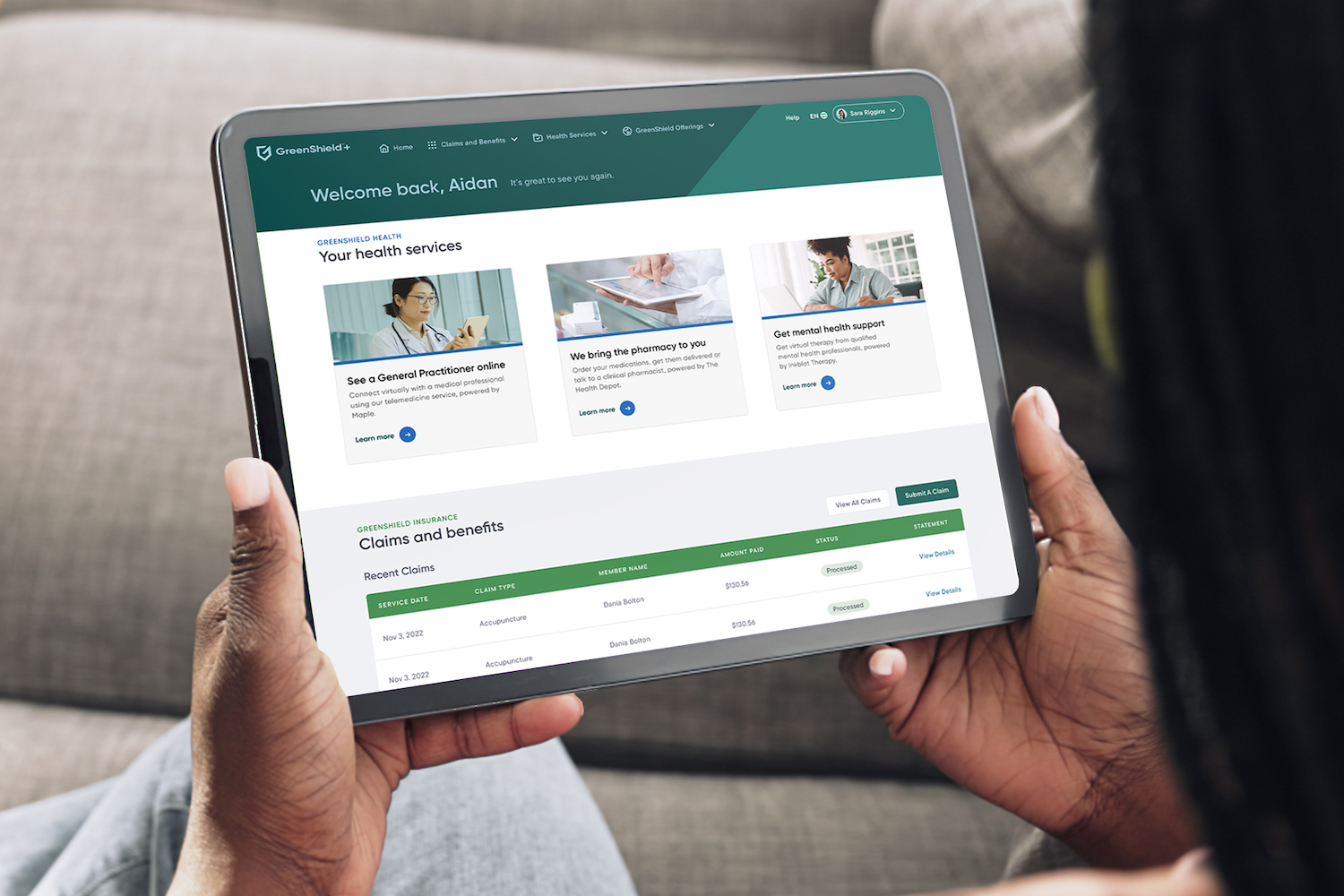 A tablet shows the GreenShield+ app. There are three widgets: See a general practitioner online; we bring the pharmacy to you; get mental health support