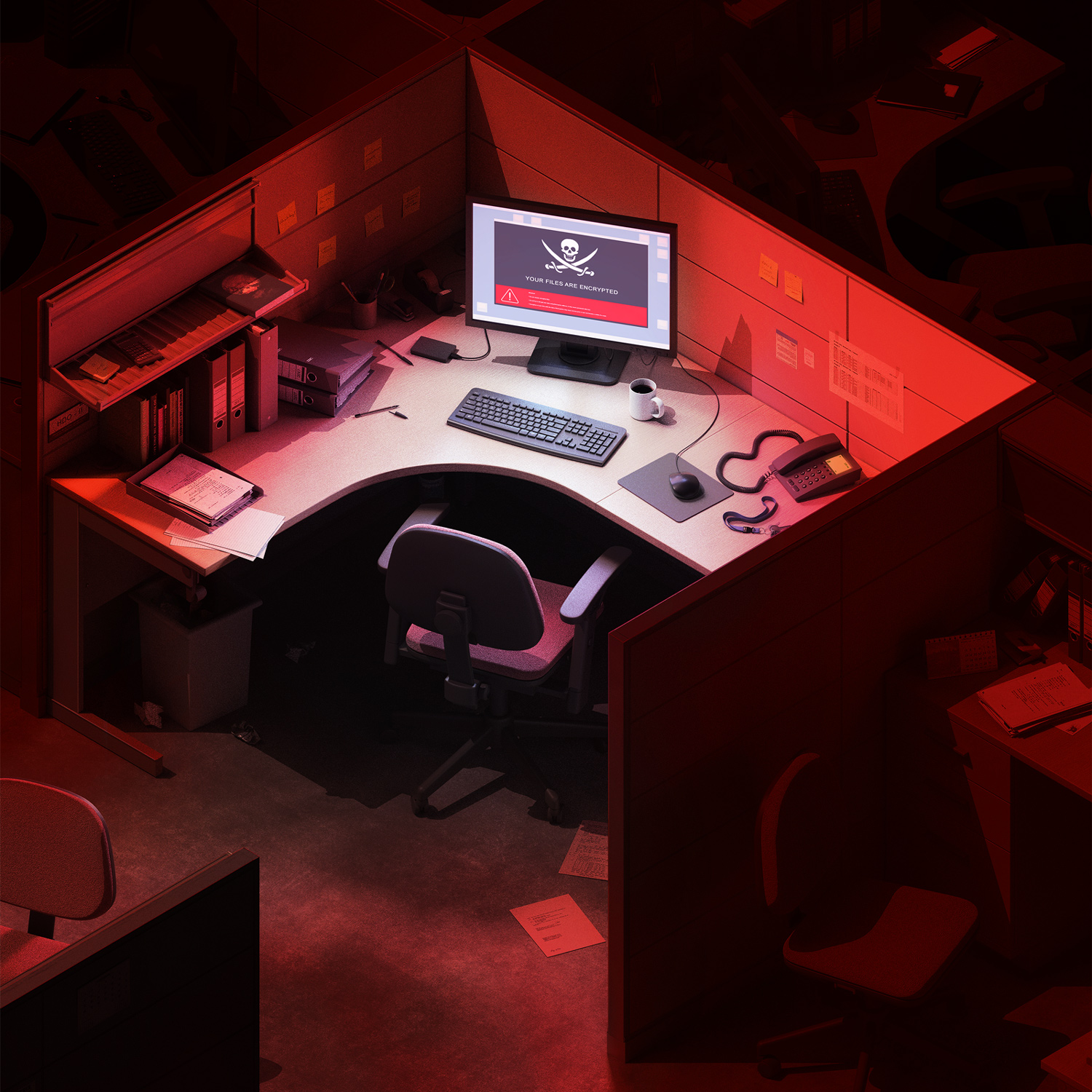 An illustration of a ransomware attack in an office