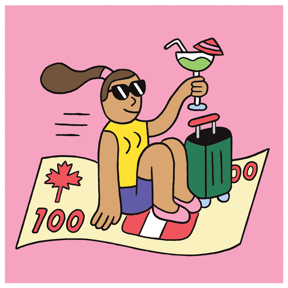 An illustration of a woman riding a $100 bill to represent unlimited paid time off and vacation