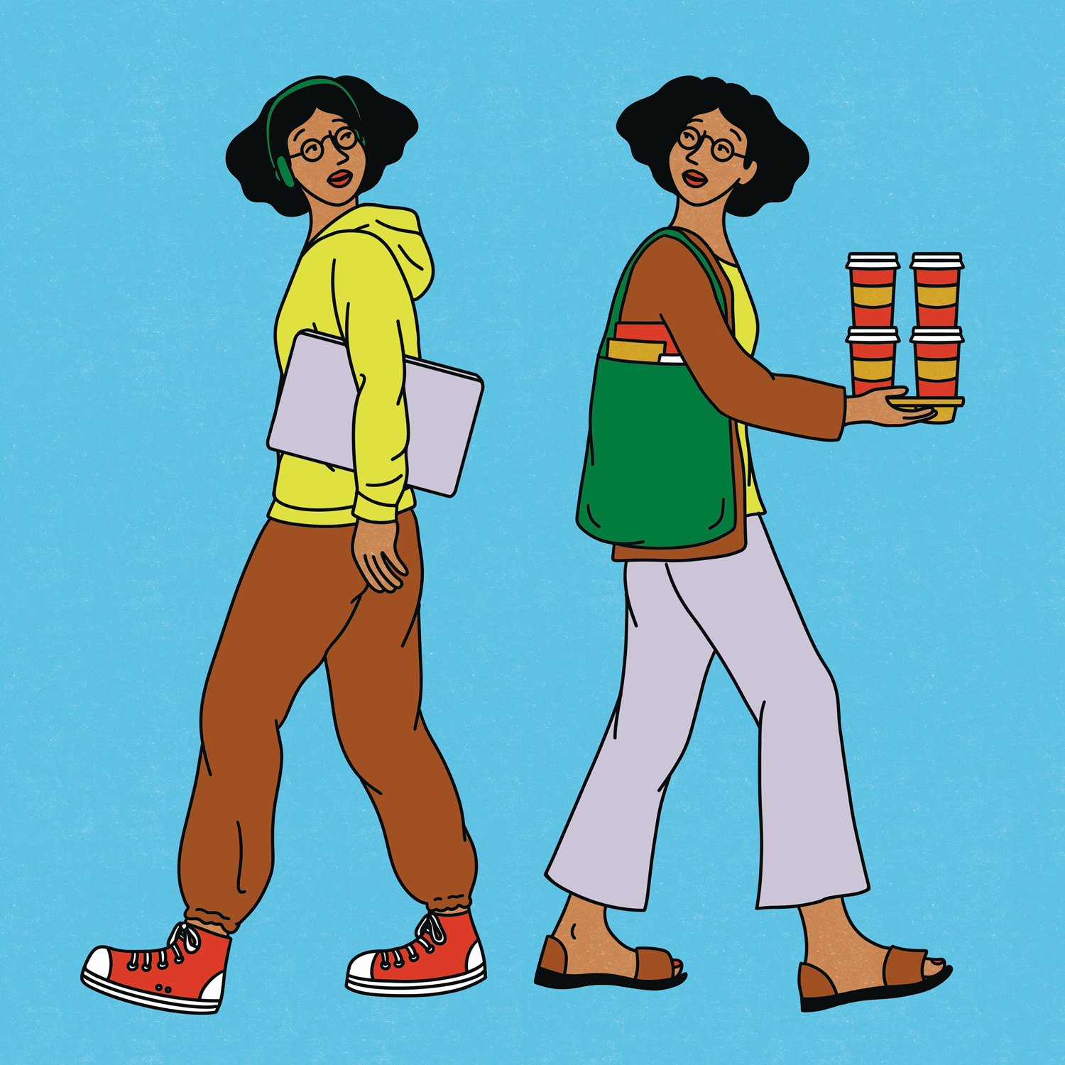 A illustration of two versions of a person, one wears a hoodie, sweats and over-ear headphones and carries a laptop under their arm, depicting the benefits of internships for students. The other version carries a tote bag and a tray of coffees and wears more professional clothing. The two figures walk in opposite directions while looking back at each other over their shoulders.