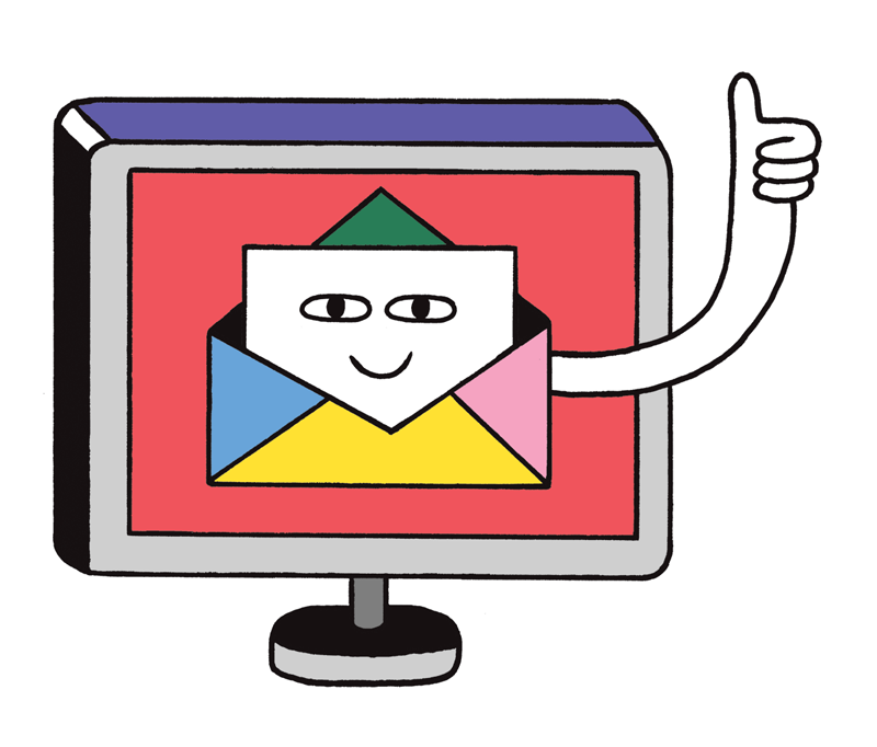 An illustration of an email icon giving the thumb's up on a computer screen 