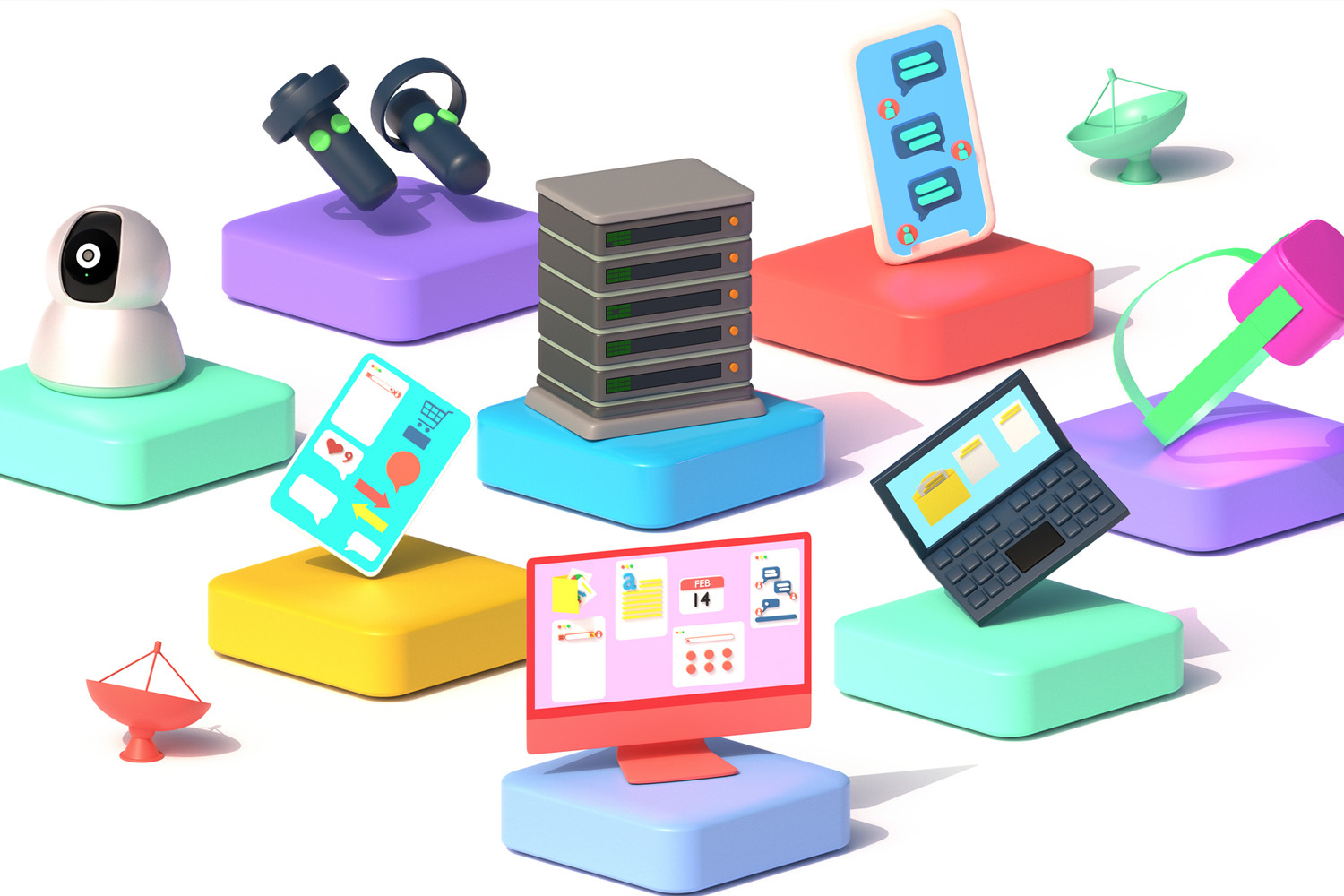 An illustration of products on different coloured platforms