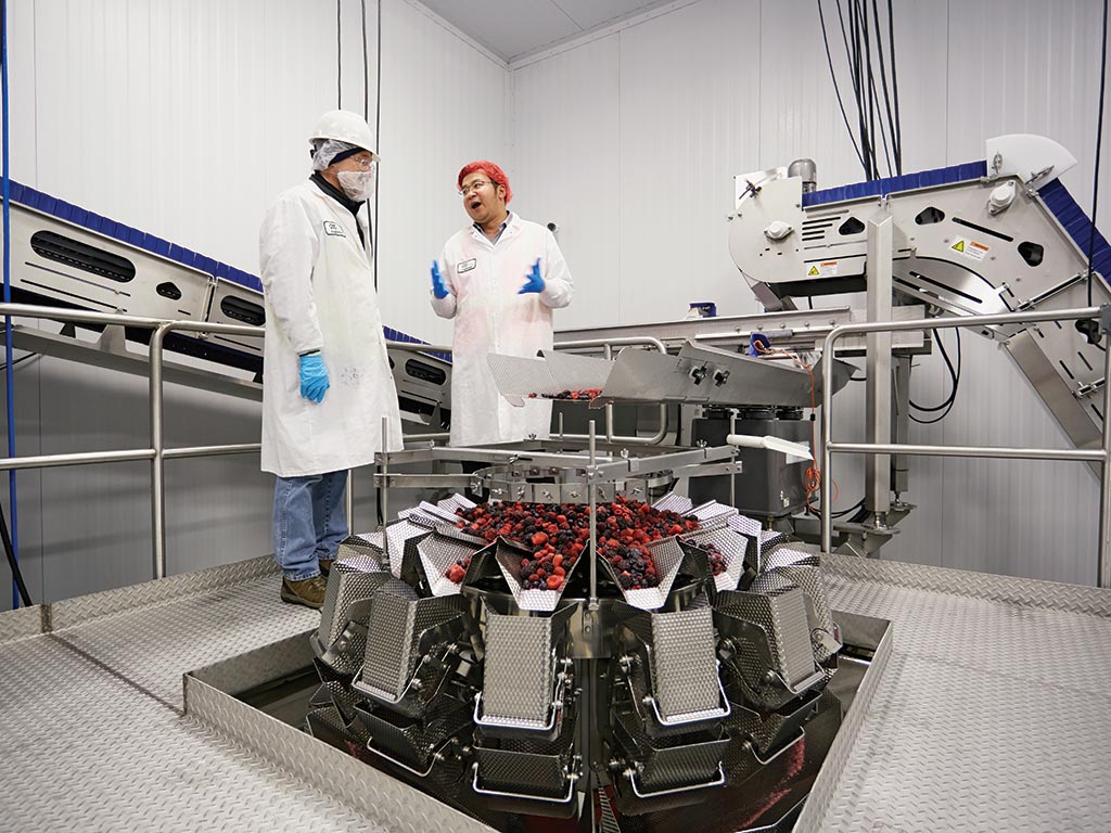 Two people in white lab coats and gloves stand on a platform next to a machine filled with berries.