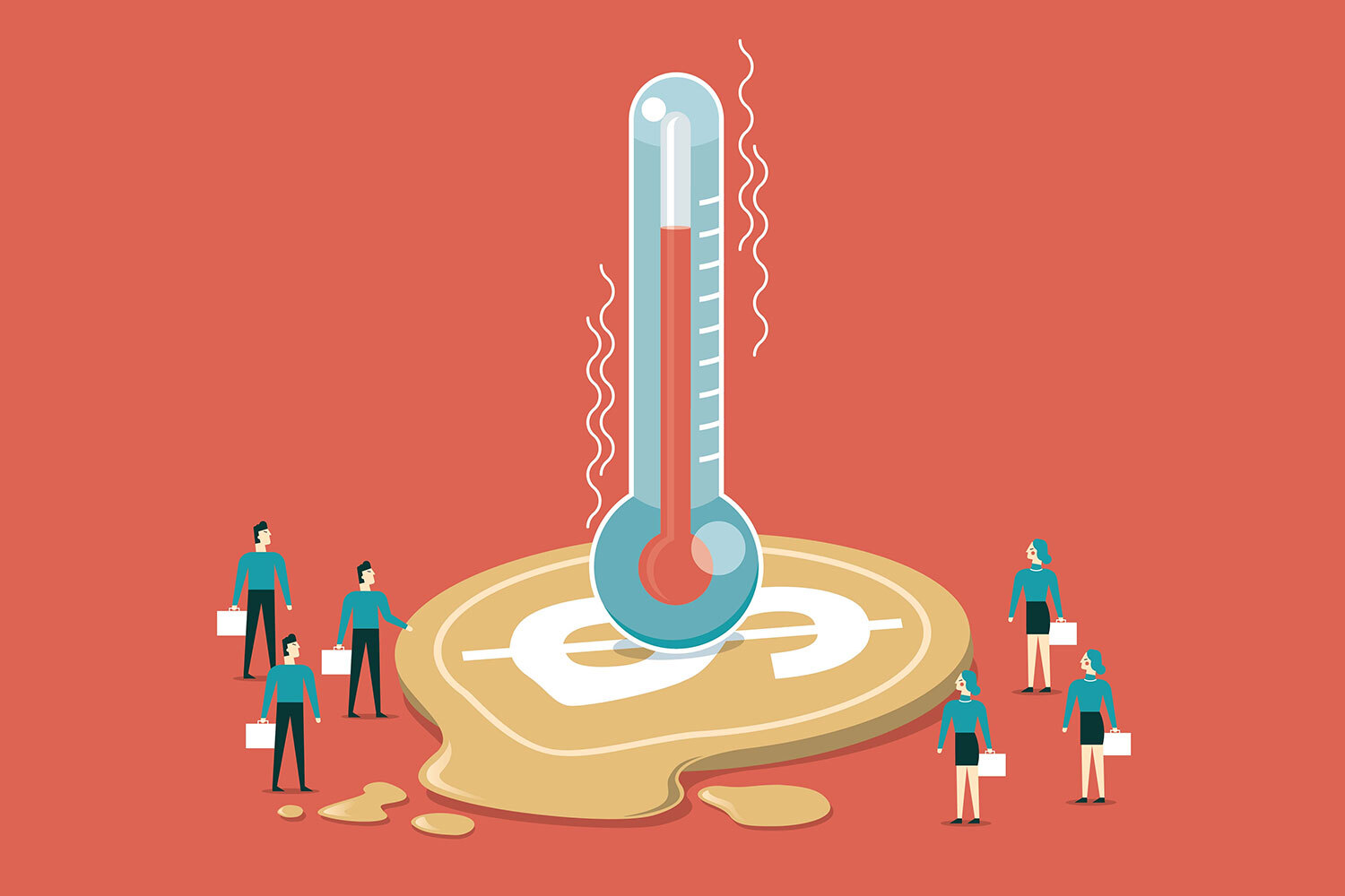 An illustration of people holding briefcases standing around a thermometer depicting climate change