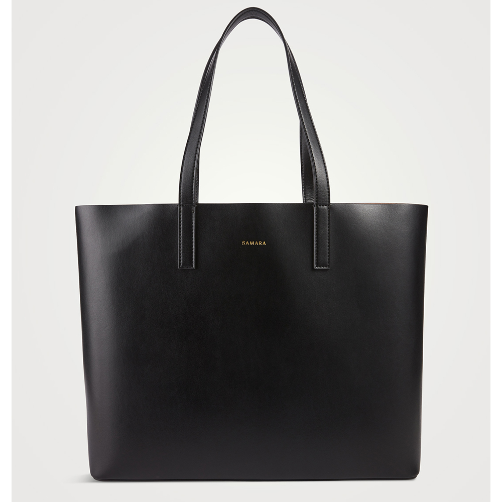 A black leather tote bag 