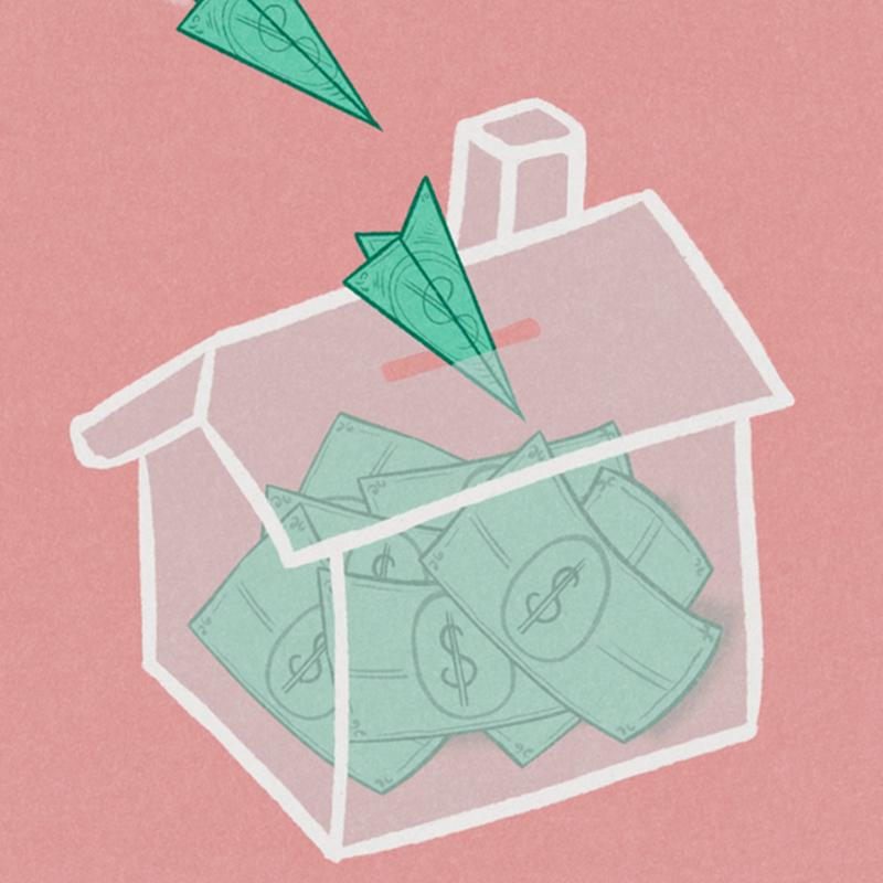 An illustration of money flying into a clear glass house