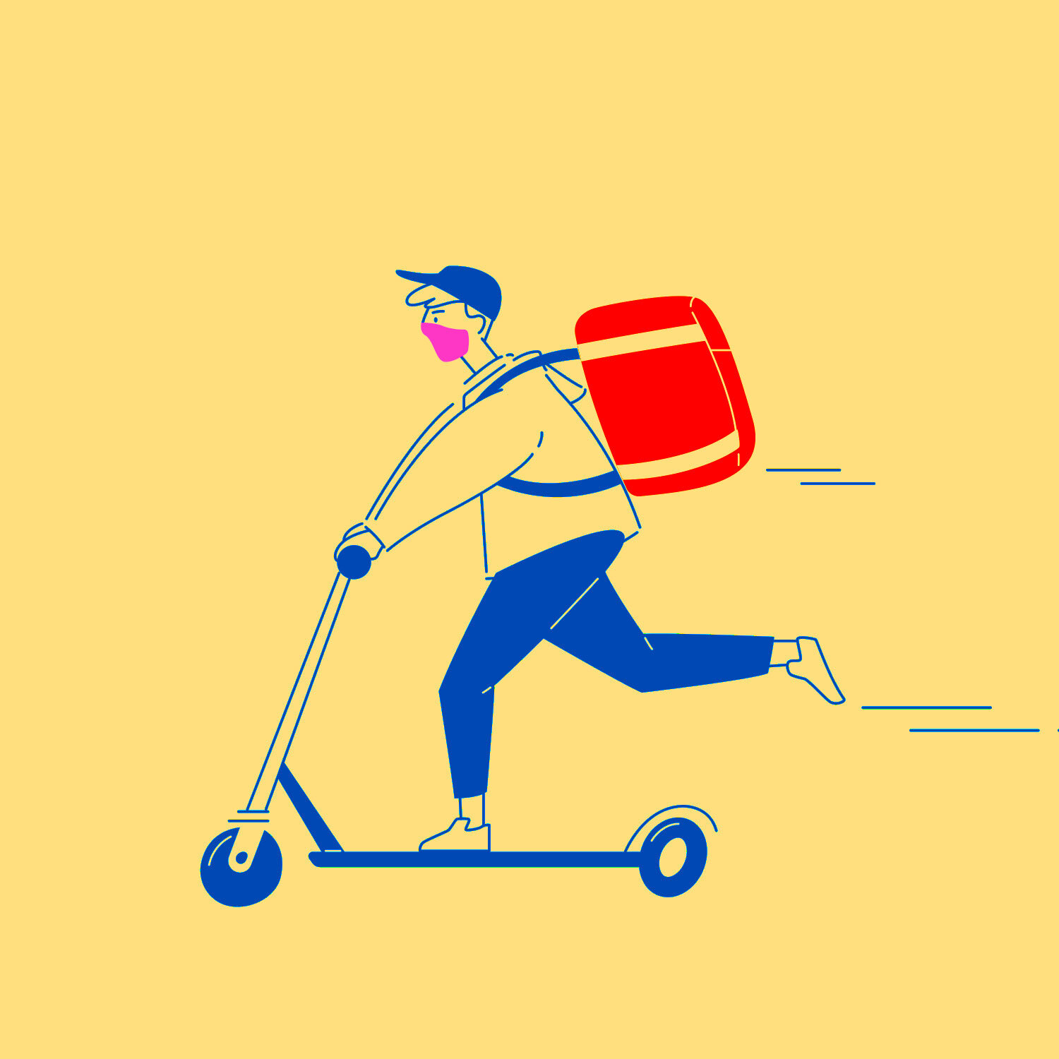 An illustration of a food app delivery driver on a scooter with a backpack on his back