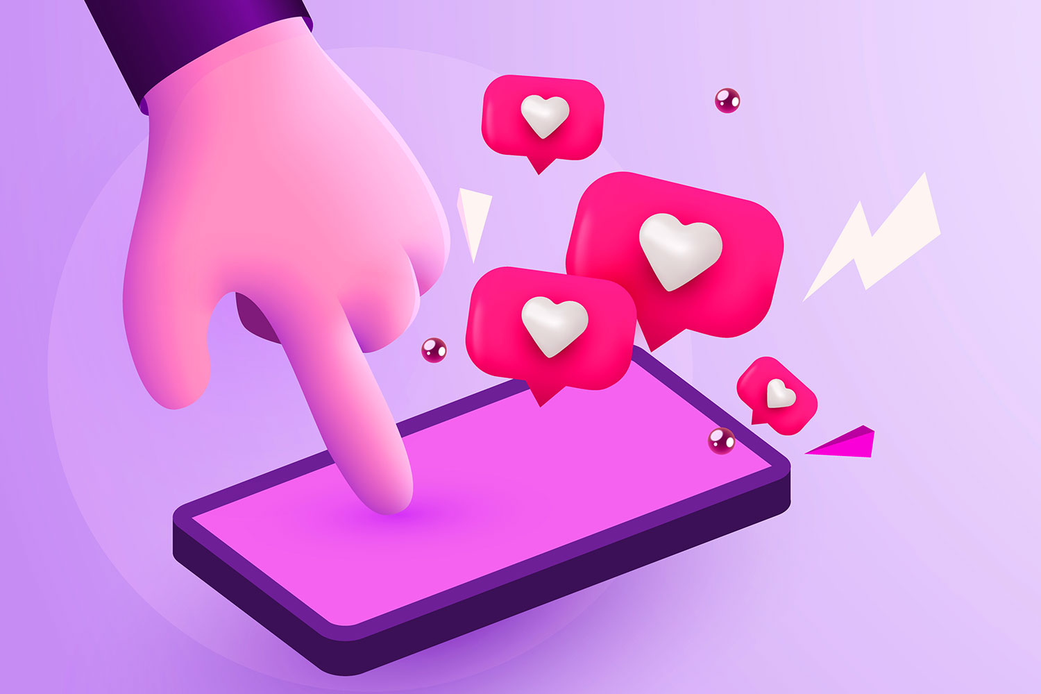 A cartoon hand taps the screen of a smart phone and message bubbles with hearts are popping out.
