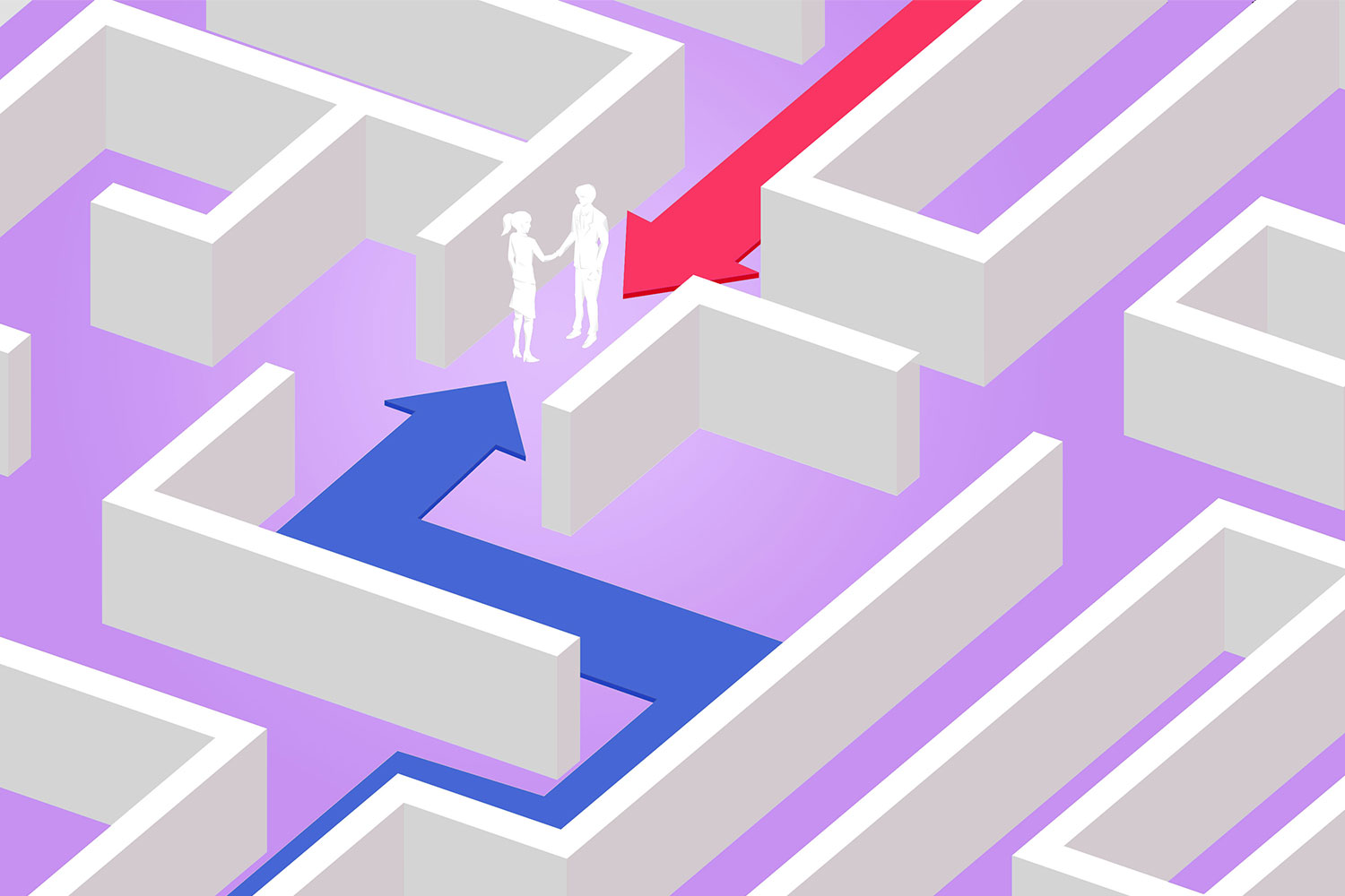 Two people meeting in the middle of a maze on a light purple background. behind each person is an arrow showing the path they took.