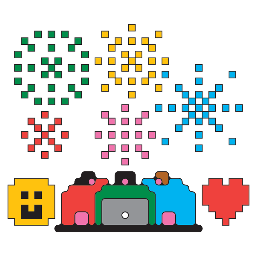 Pixel art people sit underneath pixel fireworks. next to the people are a pixel-art heart and smiley face.
