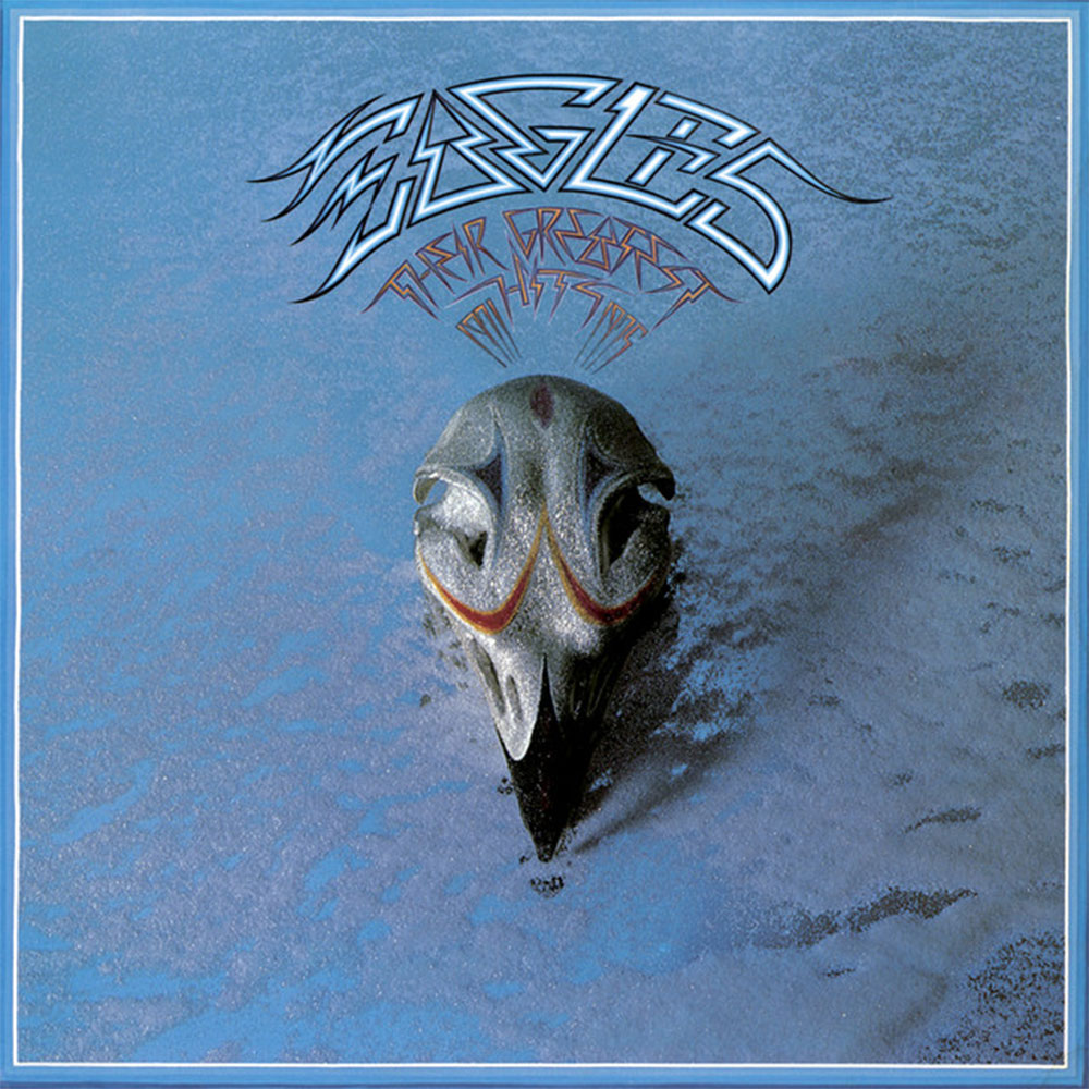 The cover of The Eagles' Their Greatest Hits album featuring an eagle skull on a blue background.