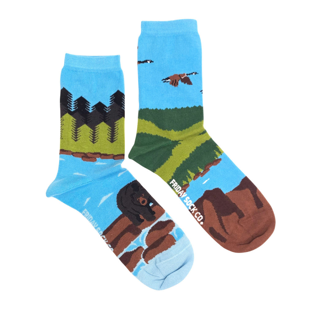 A pair of crew socks with a Canadian landscape on them.