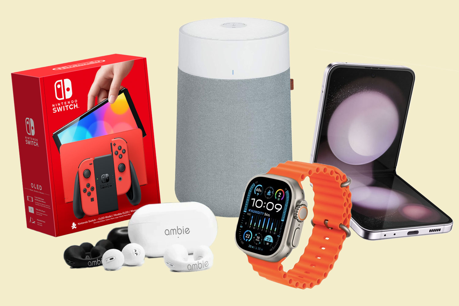 A collage of tech gifts including an air purifier, a nintendo switch oled, a samsung galaxy flip 5, ambie earbuds and an apple ultra watch 2