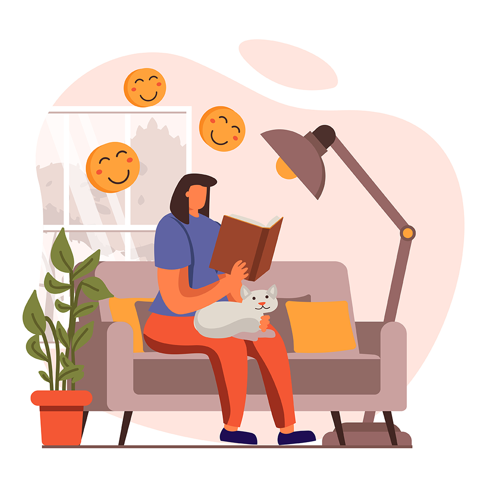 An illustration of a woman sitting on a couch reading with a cat on her lap