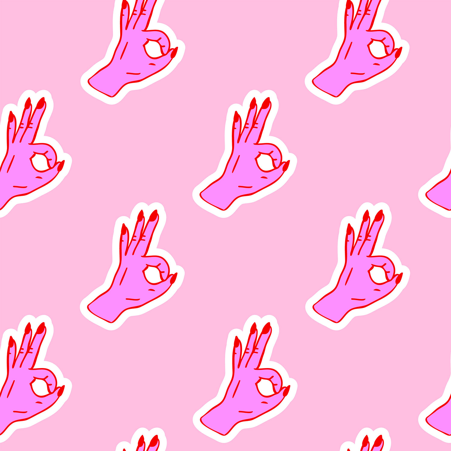 pattern of hands with long painted fingernails doing the OK hand sign symbol on a pink background.