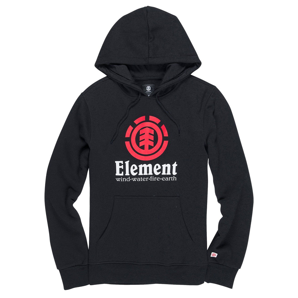 A black hoodie with the Element logo on it in red. the logo features a simplified tree icon with circles around it.
