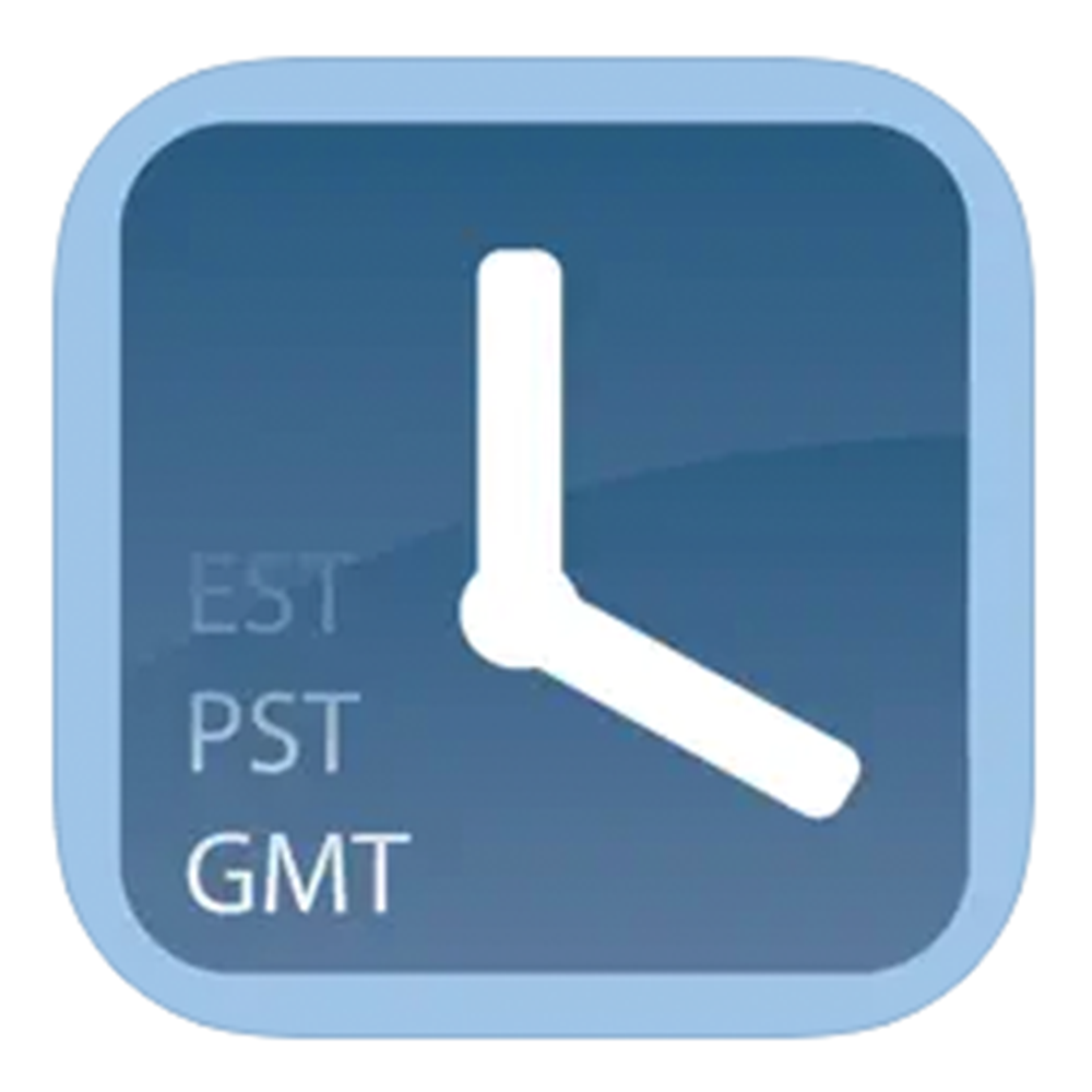 the logo for the Time Buddy app showing a bule-toned clock face with time zones listed fading into the background