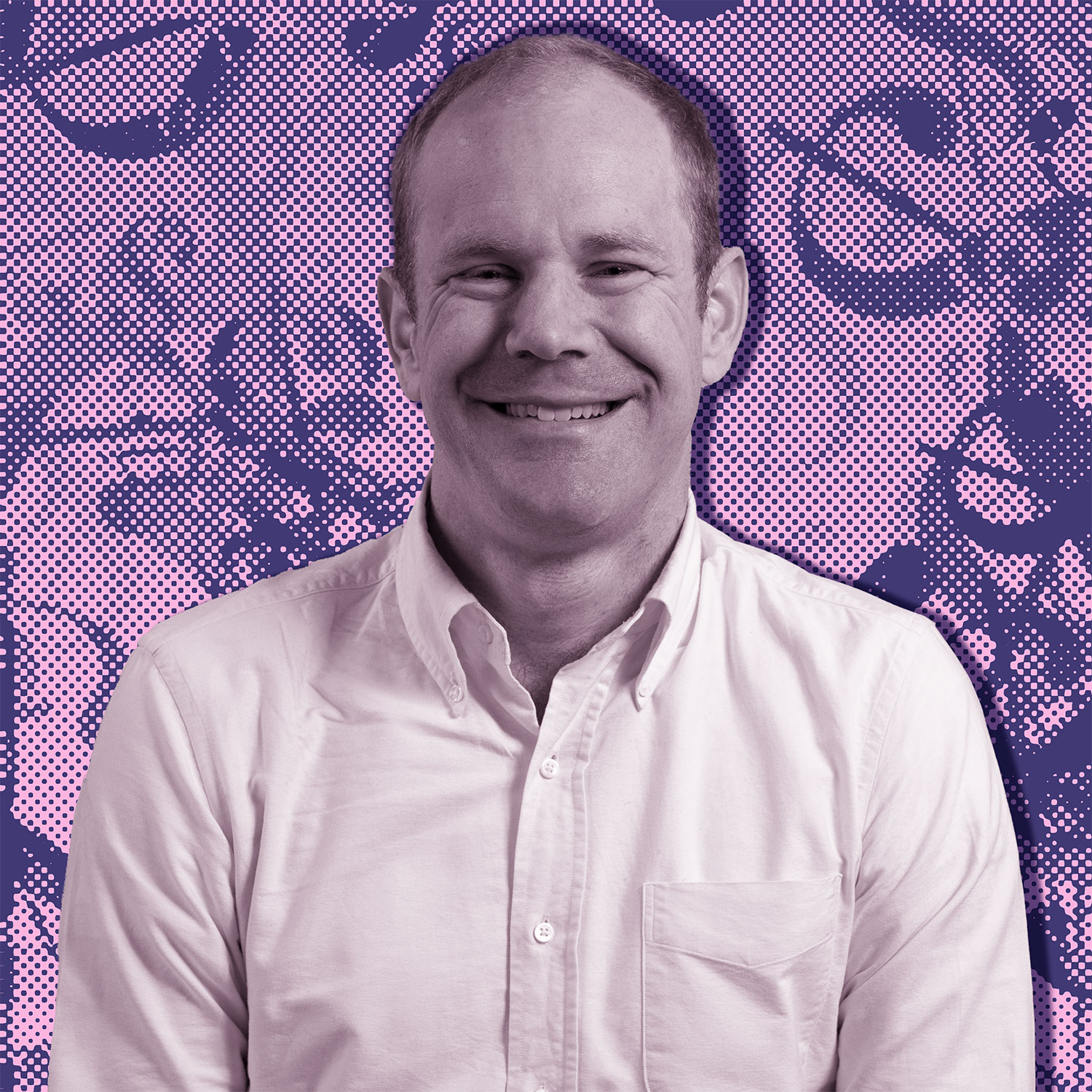 A portrait of Ben Reeves, the Chief Investment Officer for Wealthsimple, on a purple background with money signs.