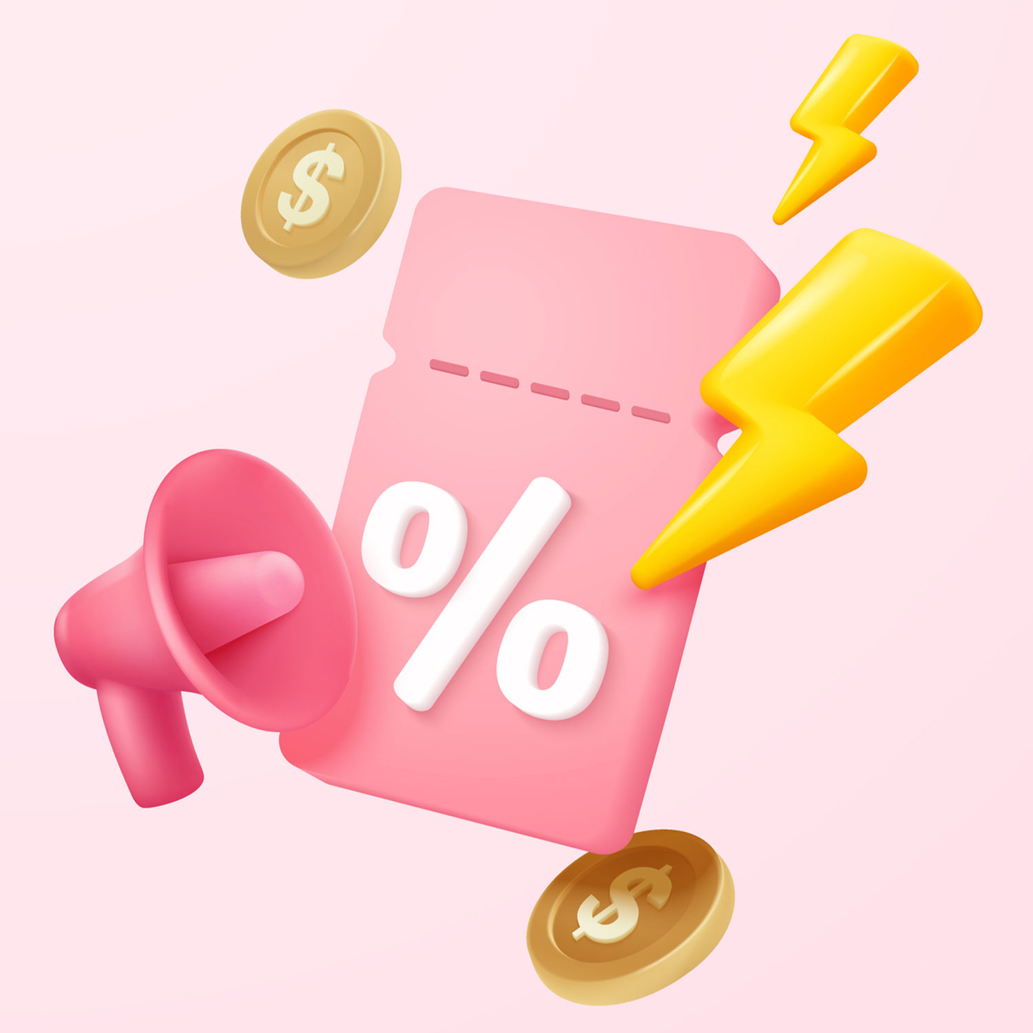 A pink 3d-rendered loudspeaker with a coupon, lightning bolts and coins.