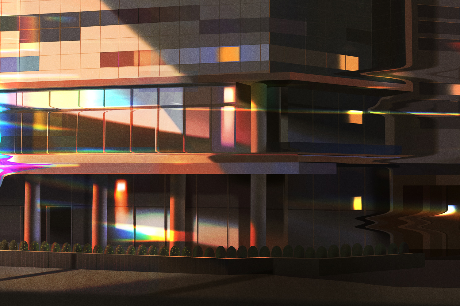 An illustration of the TIFF Lightbox during golden hour with rainbow reflections and distortions