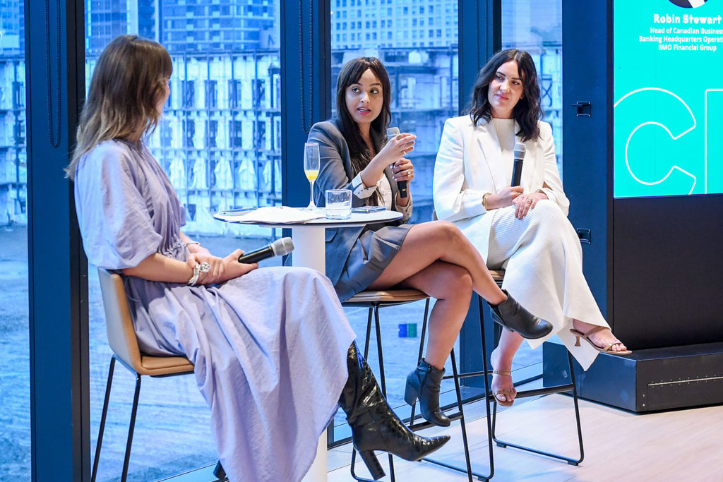 Charlotte Herrold, editor-in-chief of Canadian Business (left), hosted a fireside chat with Fatima Zaidi, co-founder and CEO of Quill (centre) and Katie Green, co-founder of &Or Collective (right).
