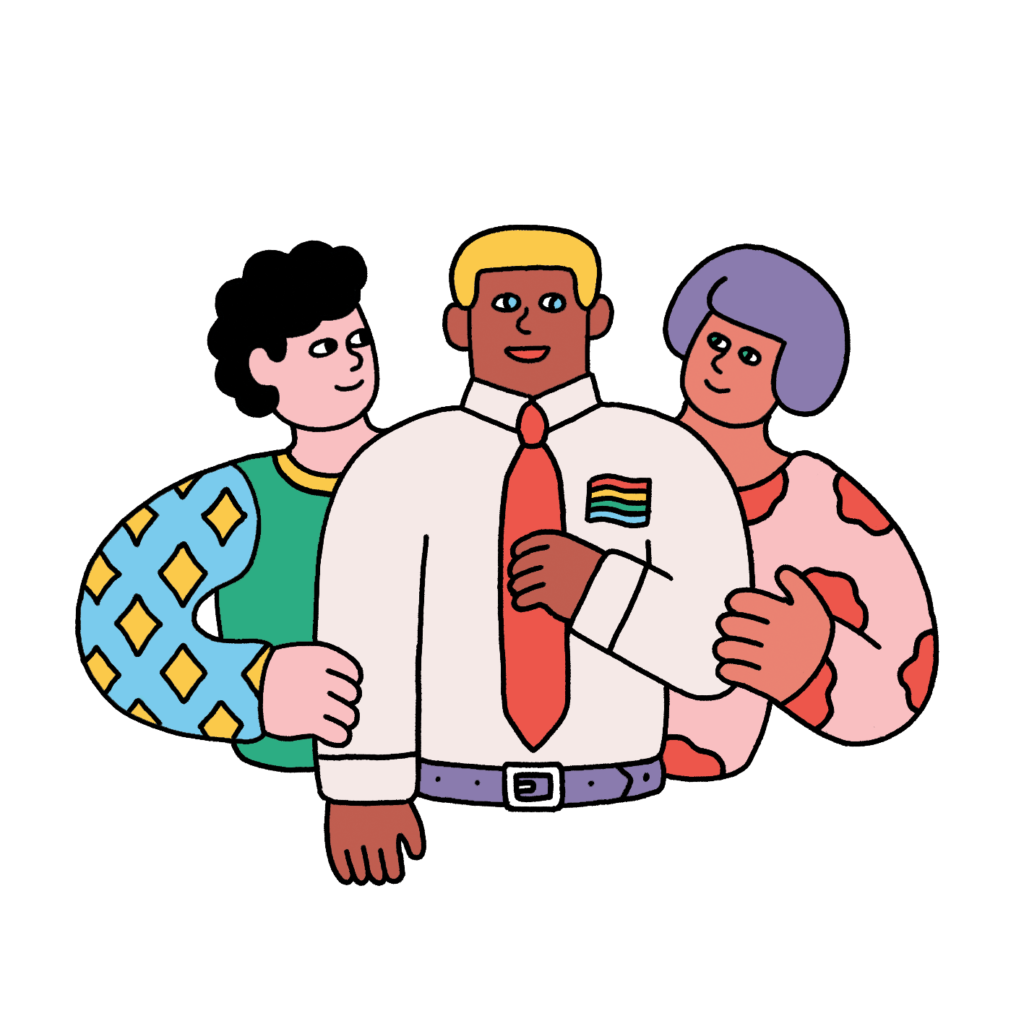 an illustration of two people supporting a third who is wearing a trans flag pin on their shirt