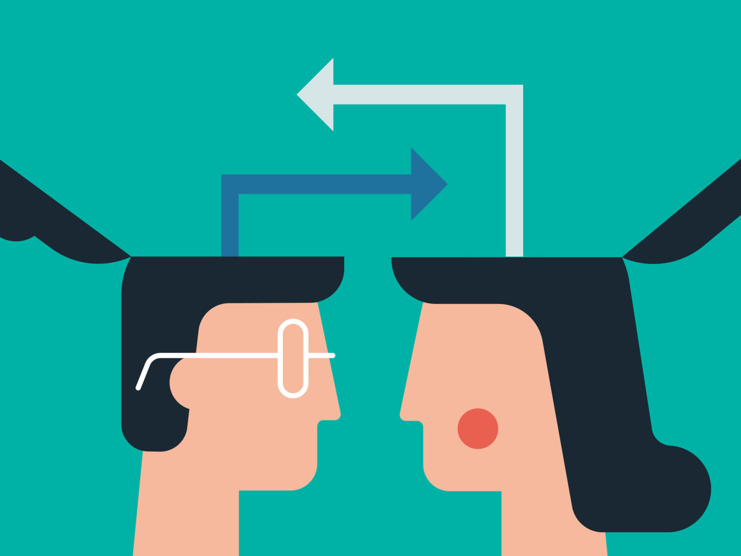 Illustration of heads exchanging ideas with open minds