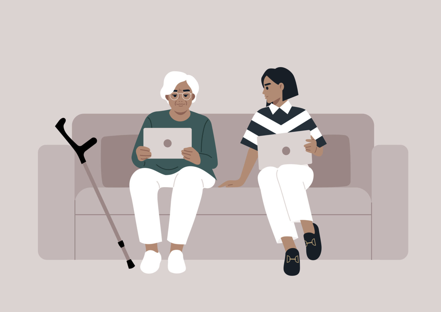 In a comforting living room, a child patiently assists their senior parent in using a tablet, fostering connection and learning in a warm, relaxed environment
