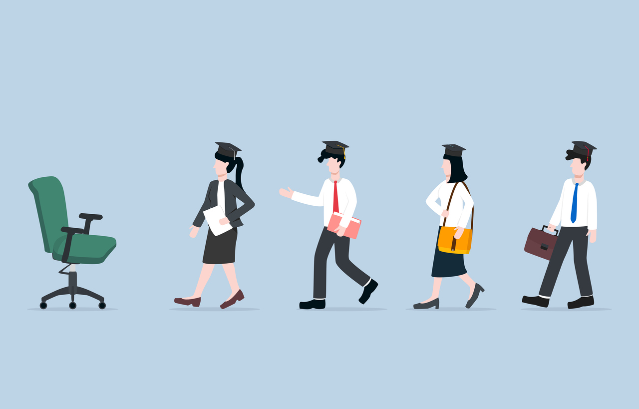 Fresh graduate recruitment for vacancy, new position, company staff, fierce competition in job market among new university graduates concept. New graduates walked in line to vacant chair.