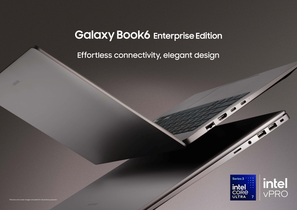 Galaxy Book6 Enterprise Edition laptop shown partially open and closed, highlighting sleek design and Intel vPro branding.